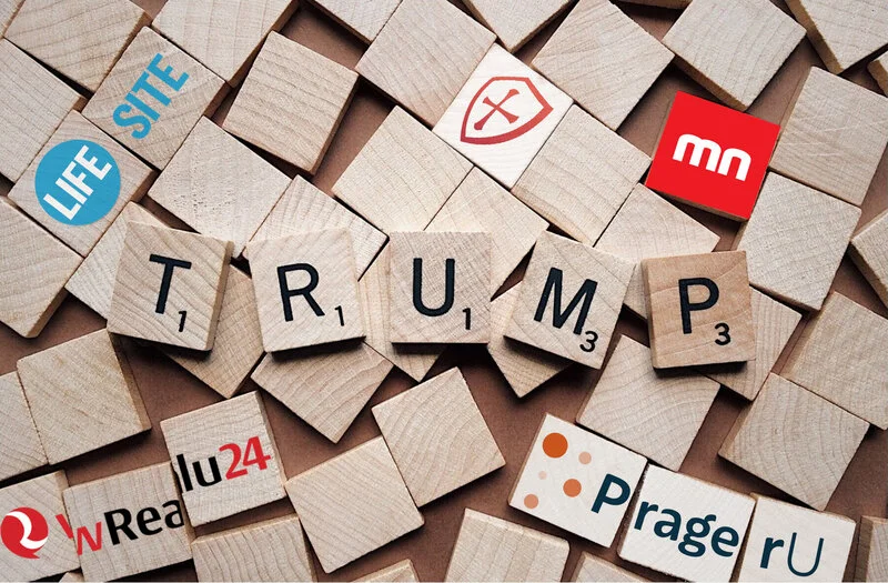 Logotypy serwisów dotkniętych cenzurą i napis TRUMP ułożony z liter